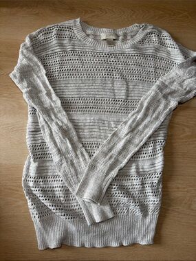 LOFT Open-Knit Crewneck Sweater in Light Gray